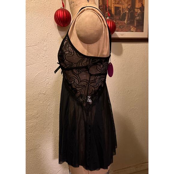 Sexy Black Lace Sheer V-neck Babydoll Chemise Slip Short Nightgown NWT Size M - Picture 3 of 8